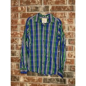 John Players Plaid Long Sleeve Button Up Shirt Medium Trim Fit 100% Cotton